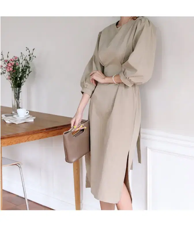 New) puff sleeve ribbon long one piece beige,brown,pink