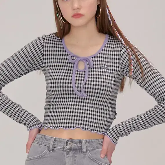 스컬프터 Gingham Check Ribbon Tie Top BLACK