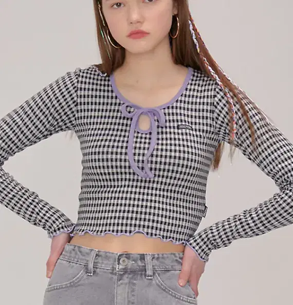 스컬프터 Gingham Check Ribbon Tie Top BLACK