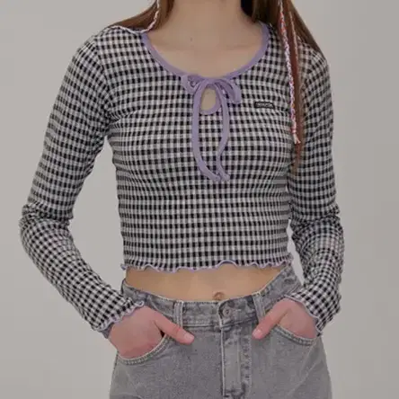 스컬프터 Gingham Check Ribbon Tie Top BLACK