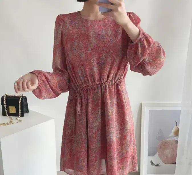 New Old Market Marble Flower Shirring ONEPIECE Red