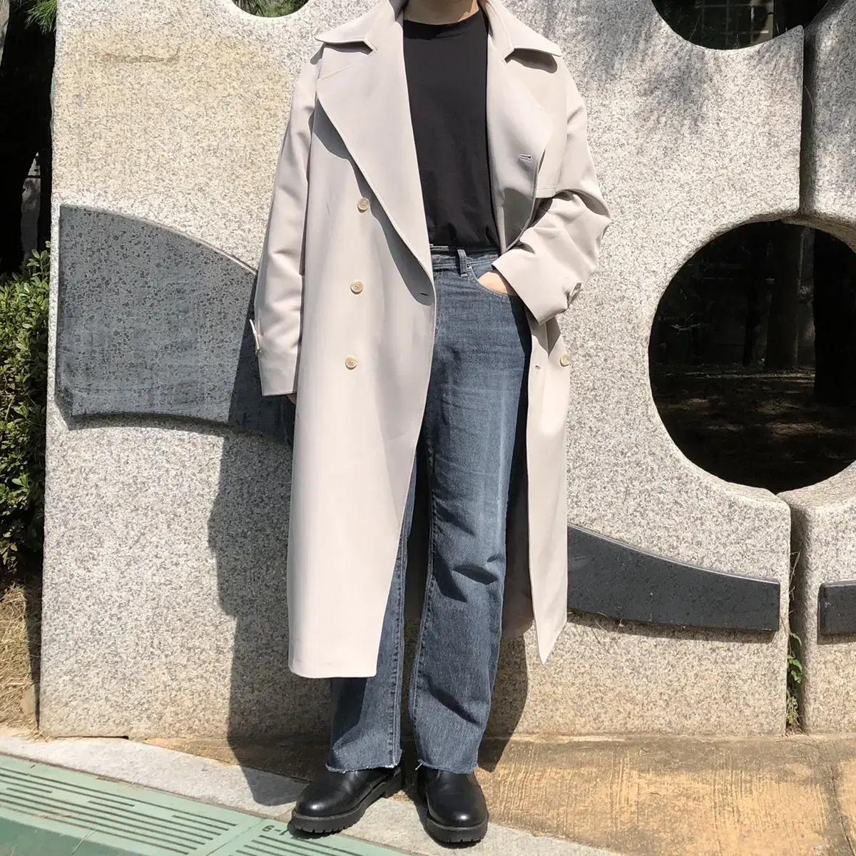 167cm 루즈핏 베이지 블랙 더블 커플 트렌치코트