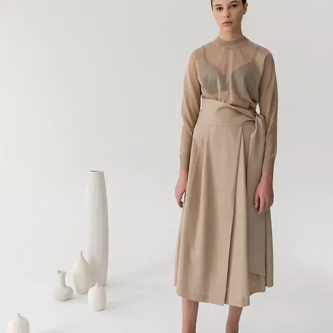 LE17 Beige Belted Wrap Skirt