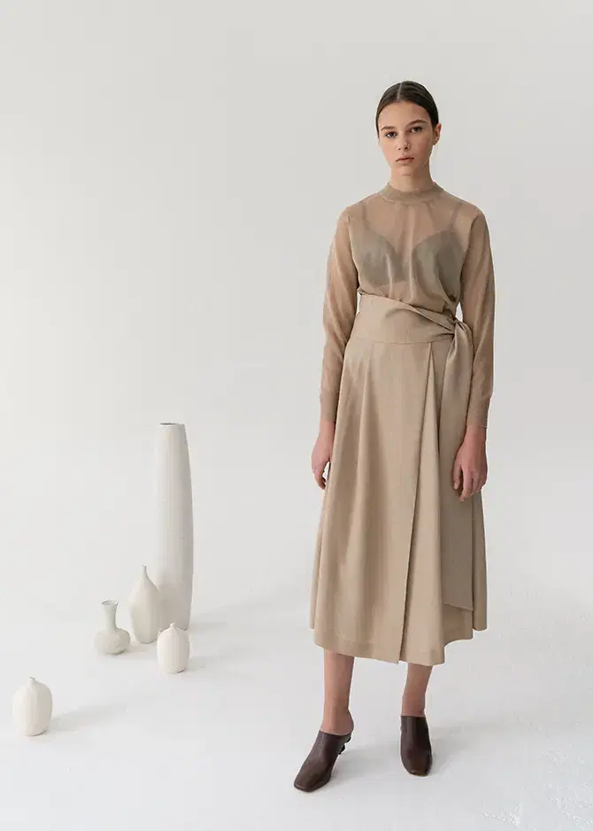 LE17 Beige Belted Wrap Skirt