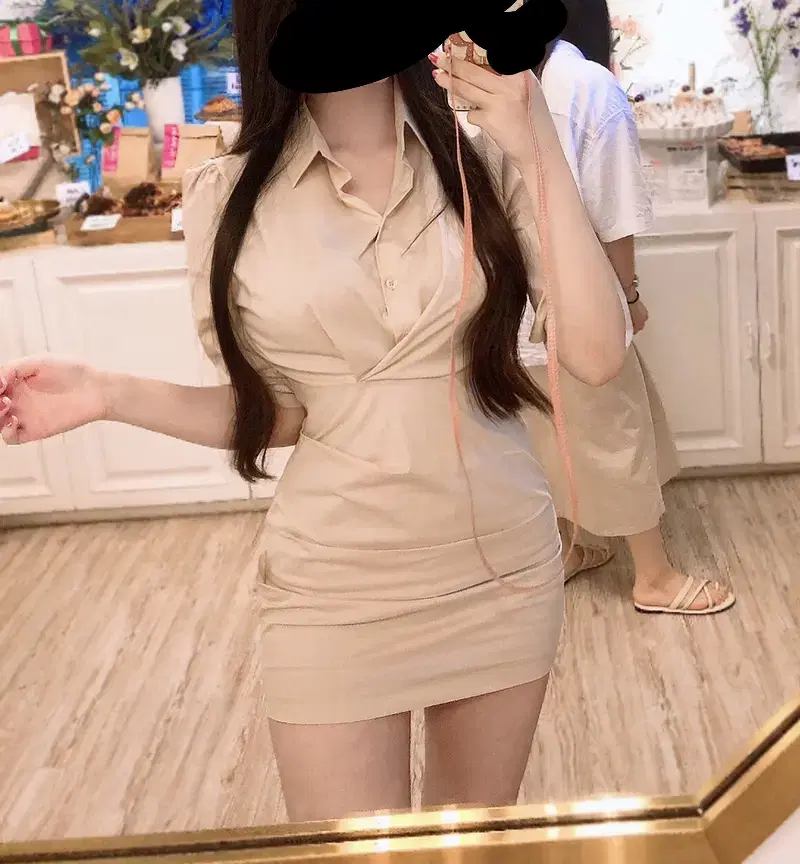 BEIGE SHIRRING SHIRT ONEPIECE