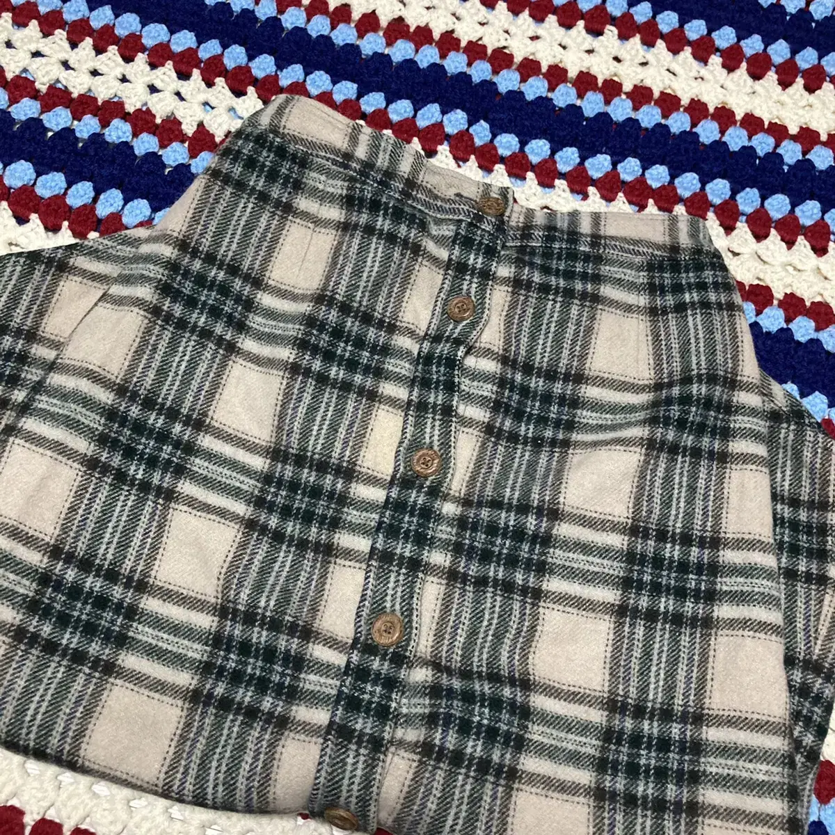 Green Ivory Wool Check Button-down Layering Skirt