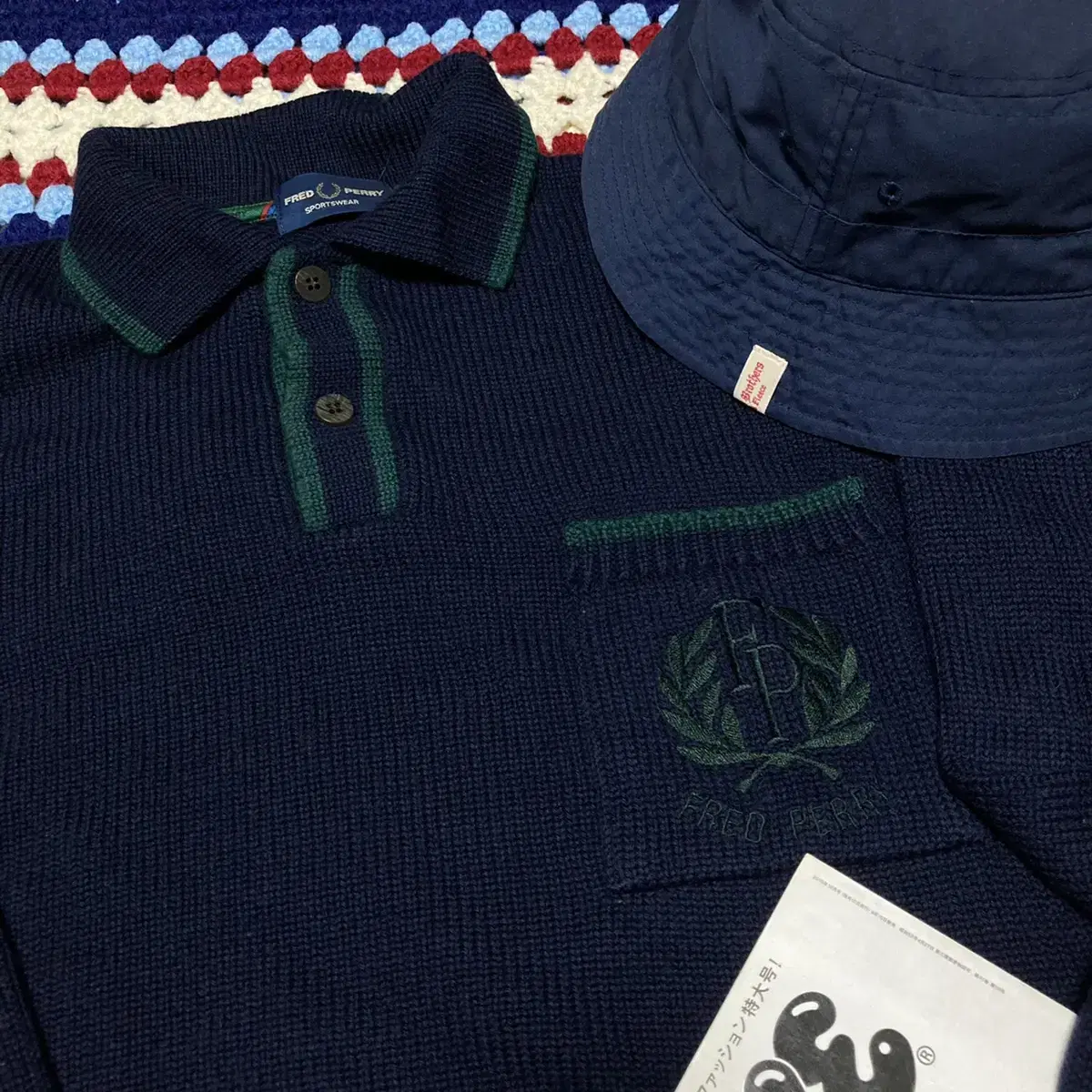 fredperry 프레드페리 자수 로고 네이비 버튼 카라 니트 스웨터