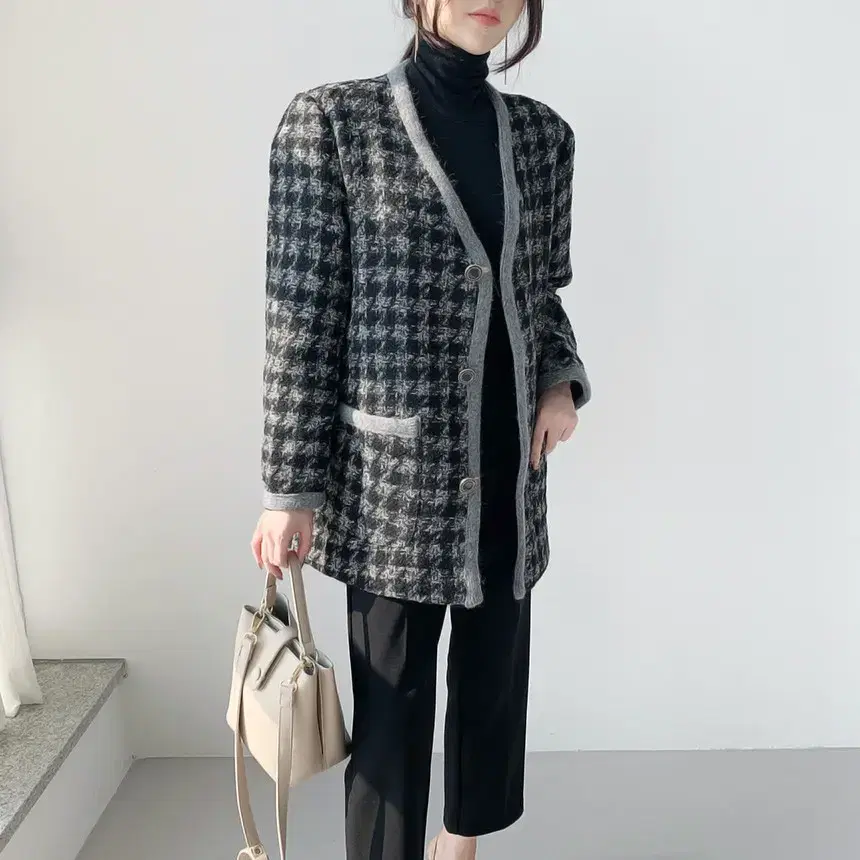 Loveliamie quilted wool houndstooth check loose-fitting jacket coat 55-77