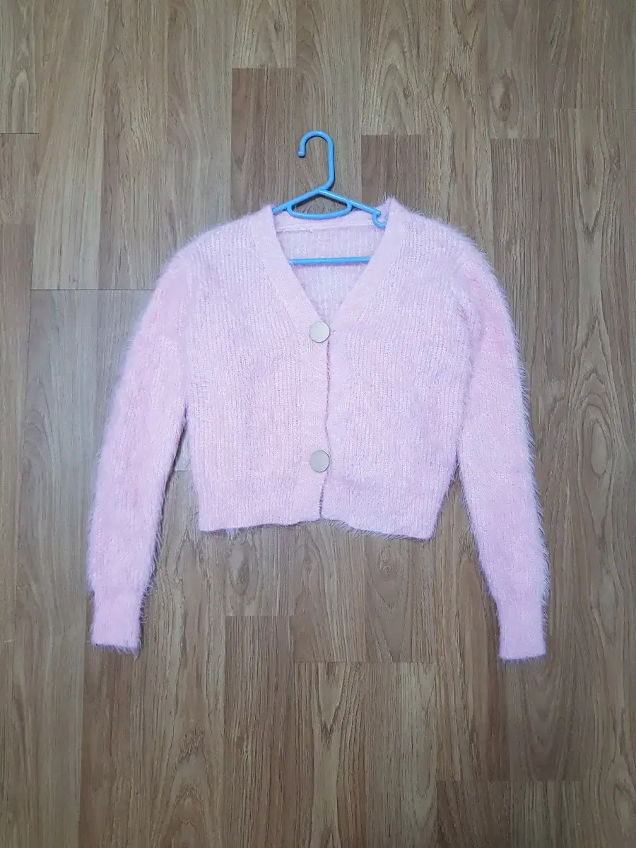 Cropped pink angora keum-jang button cardigan