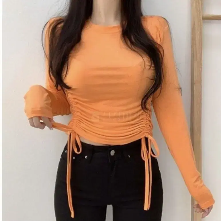 New product Round neck string shirring slim long sleeve T-shirt