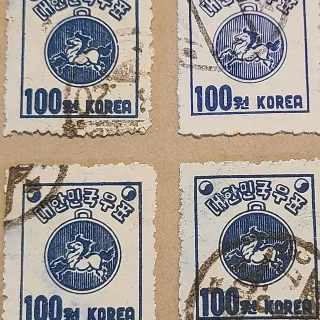 1952년 보통우표 마패 100원 사용제