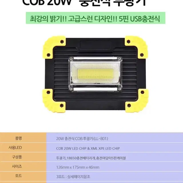 새상품 무배)투광기 캠핑 랜턴 작업등 20W LL811 (아답터포함)