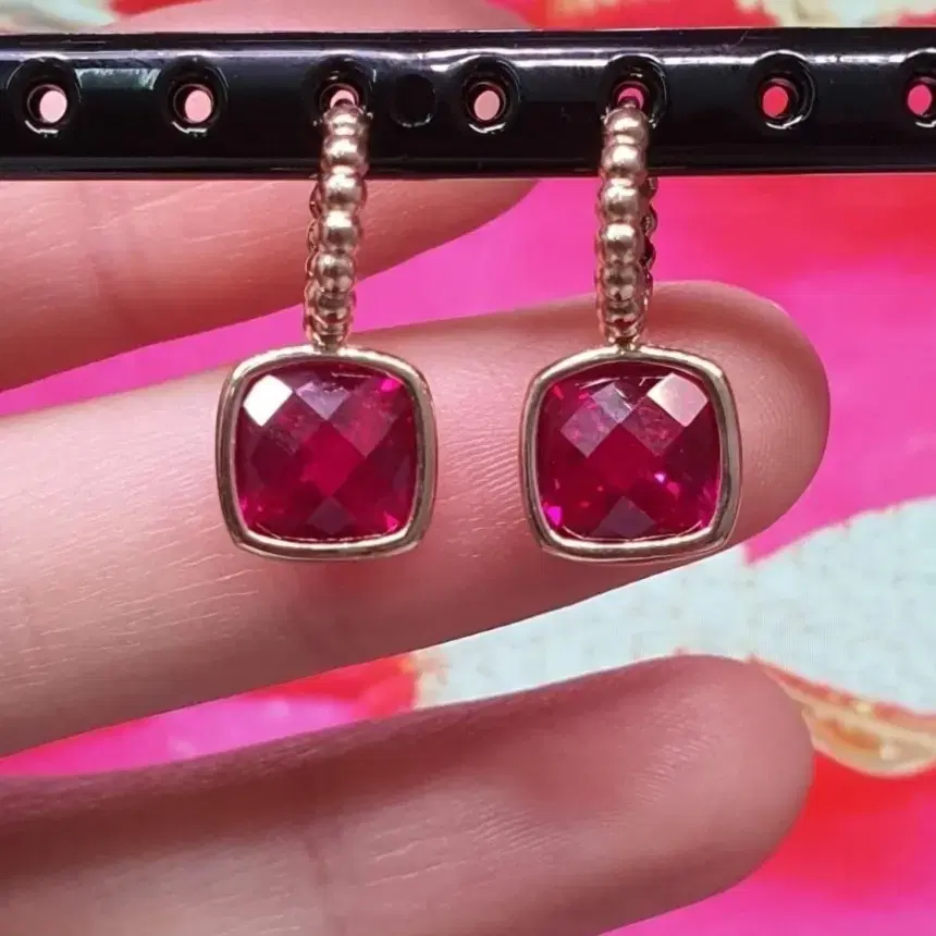 14K Rose Gold and Pink Square Ruby One-Touch Ring Earrings