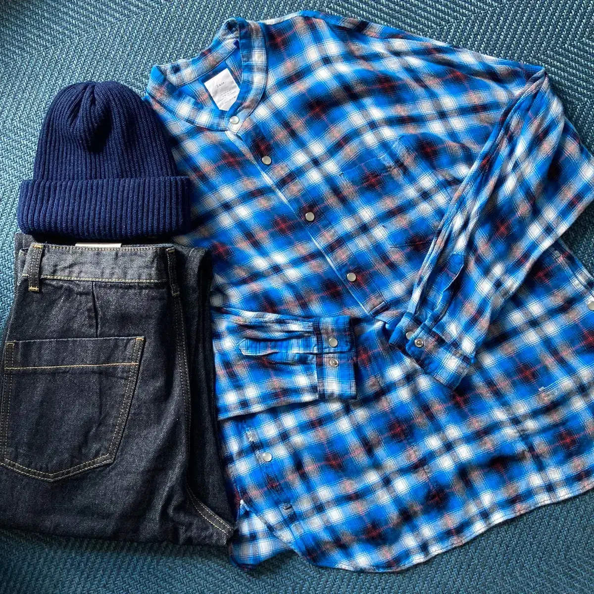 Name. bloo Ombre Tartan Check Loose-Fit Henley Button-Down Shirt