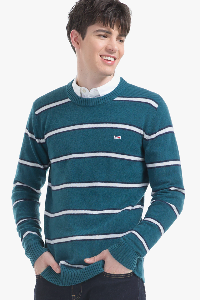 Tommy Jins Wool Stripe Croneck Sweater Turquoise New