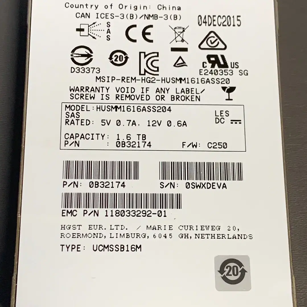 서버용 SAS SSD HGST 1.6TB HUSMM1616ASS204