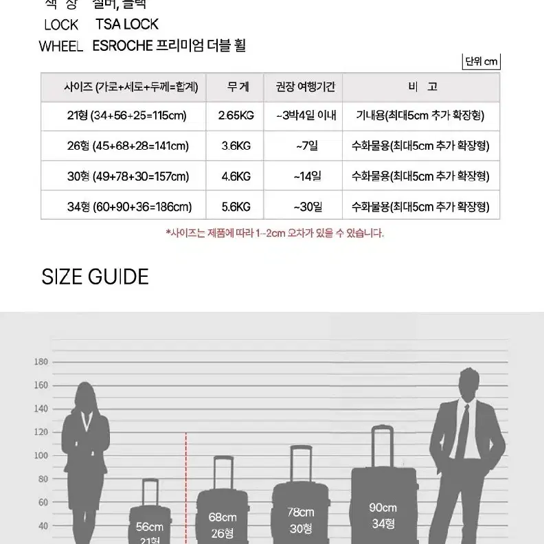 확장형 21, 26, 30, 34 네가지사이즈 네가지컬러 여행캐리어