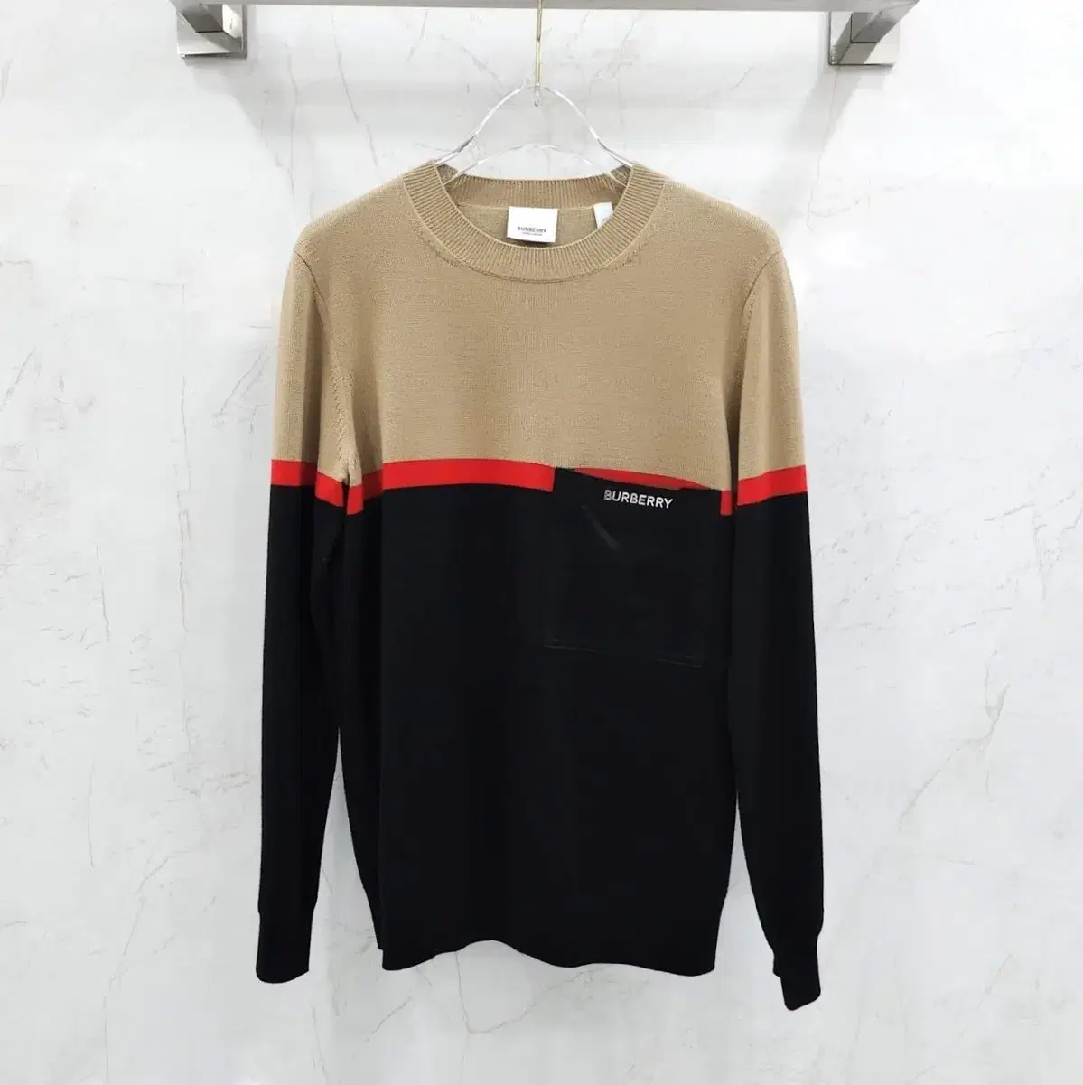 XS / Burberry Colorblocked Striped Pocket Logo Round Knit