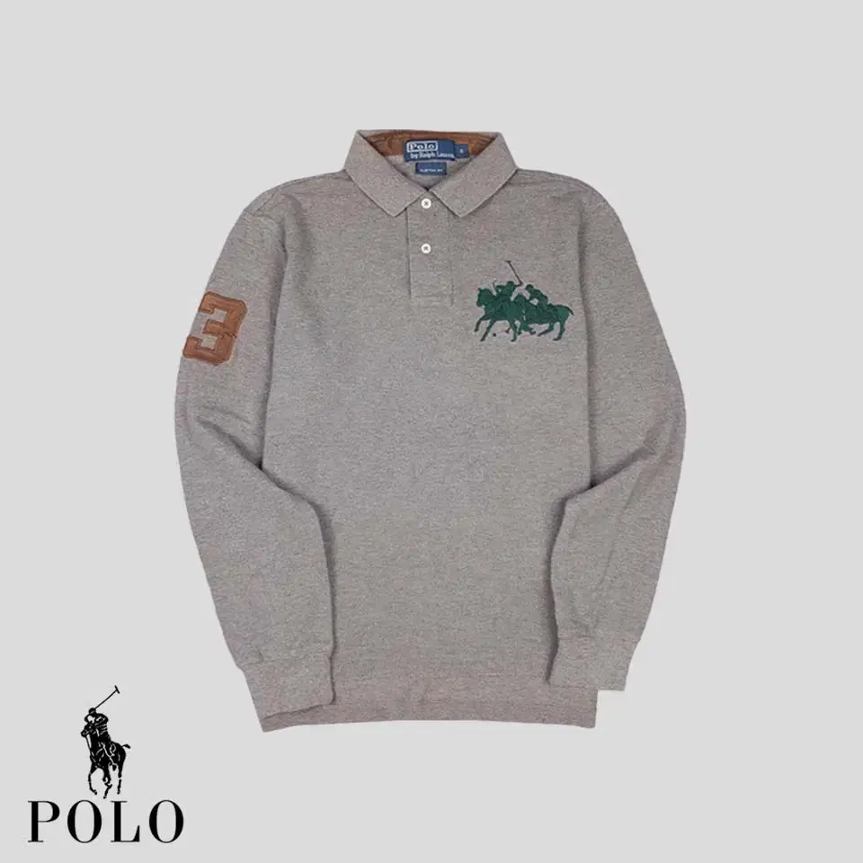 Polo Ralph Lauren Gray Double Pony Custom Fit Collar Neck Long Sleeve T-Shirt SIZE WO