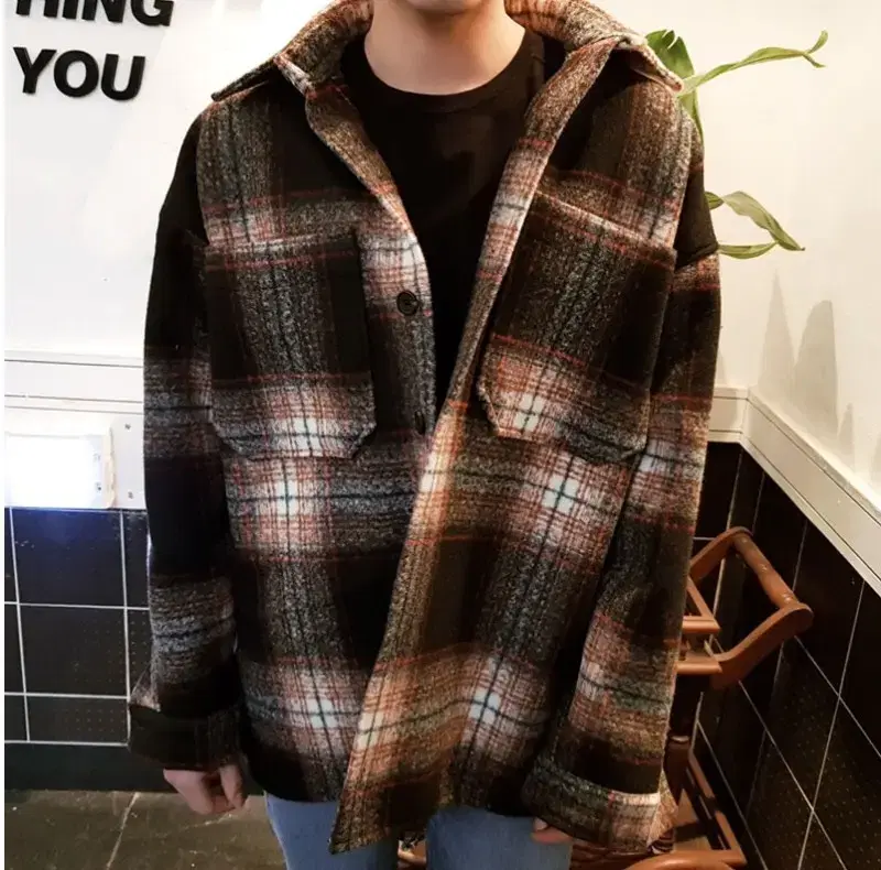 100% wool over-fit check shirt coat (jacket)