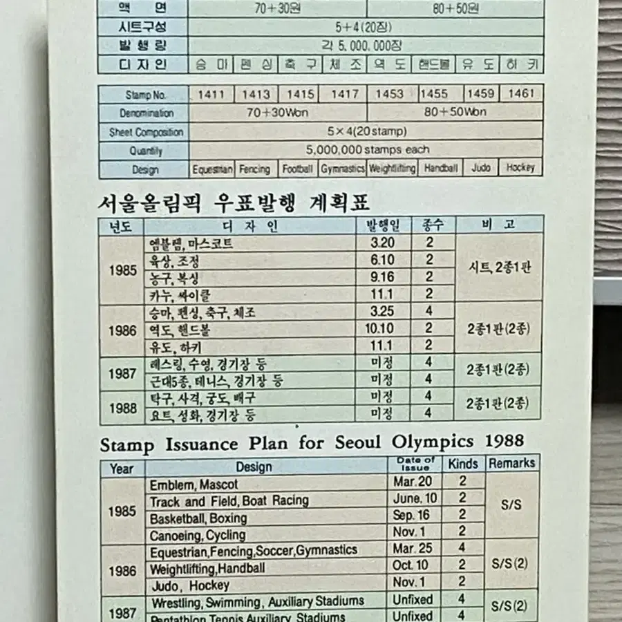 88서울올림픽우표첩 기념우표 기념쉬트 1986년 발행