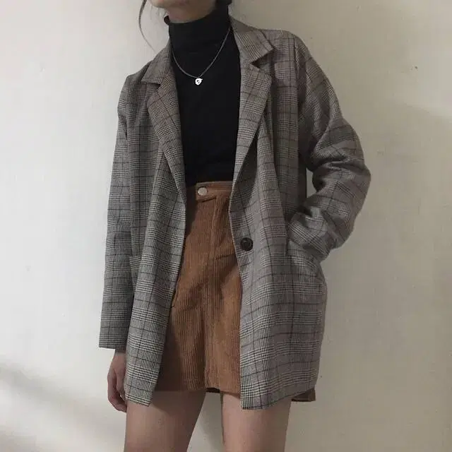 Check jacket + Melcoco corduroy golden skirt brown