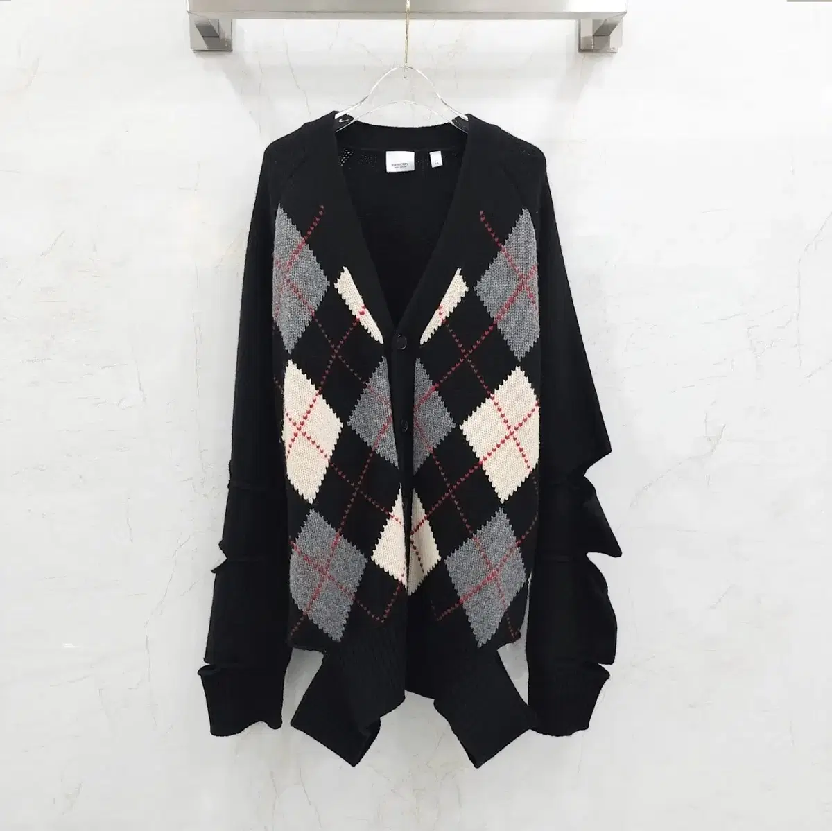 XL / Burberry Black Check Cutout Merino Wool Cardigan