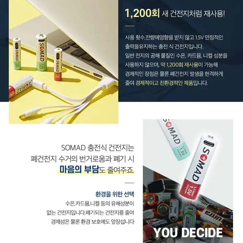 (새상품) 재사용 리튬이온 충전지 AAA 에코 건전지 USB C타입