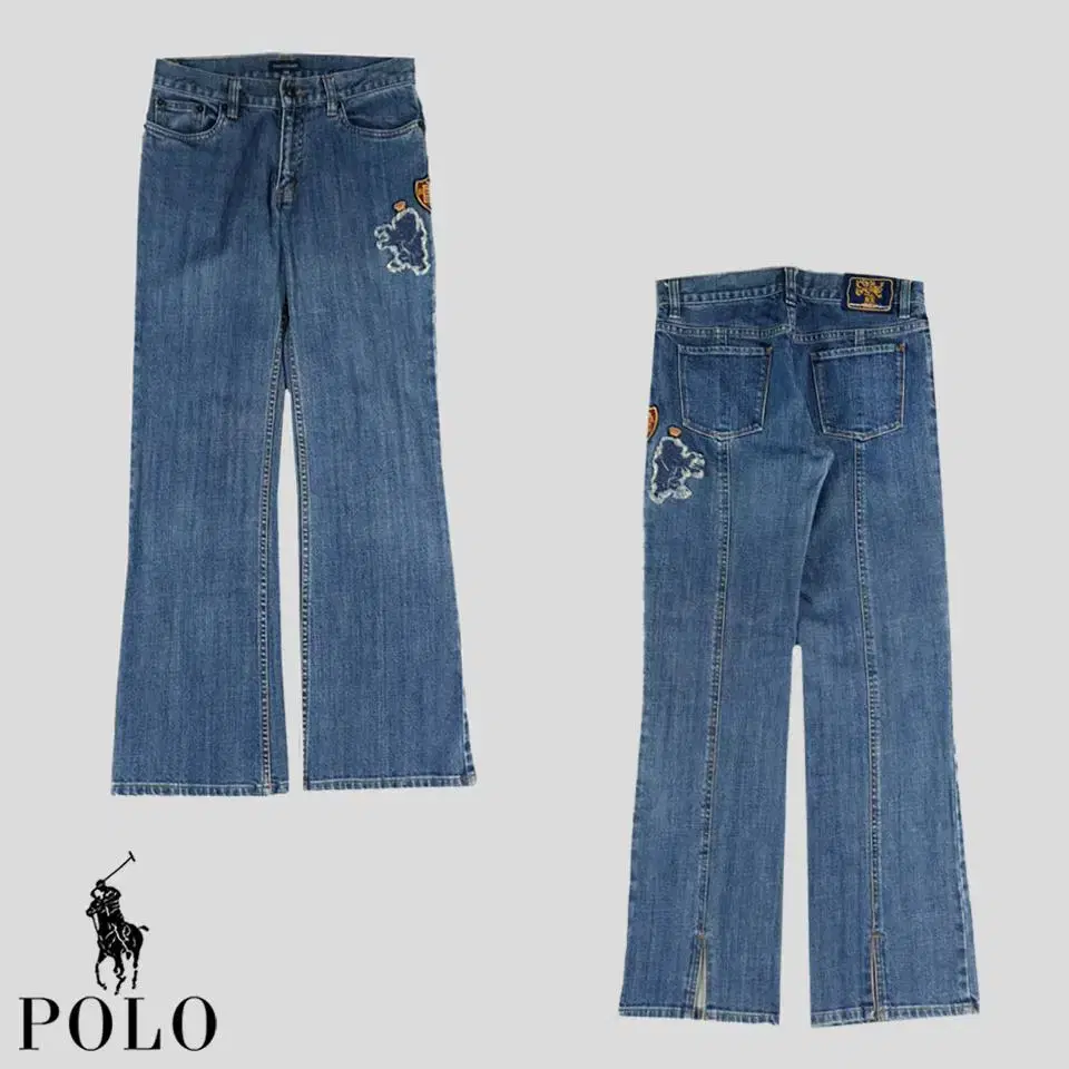 Polo Ralph Lauren Jin Blue Washed Lionpatch Y2K Rock Chic Punk Low Rise Bootcut Jeans