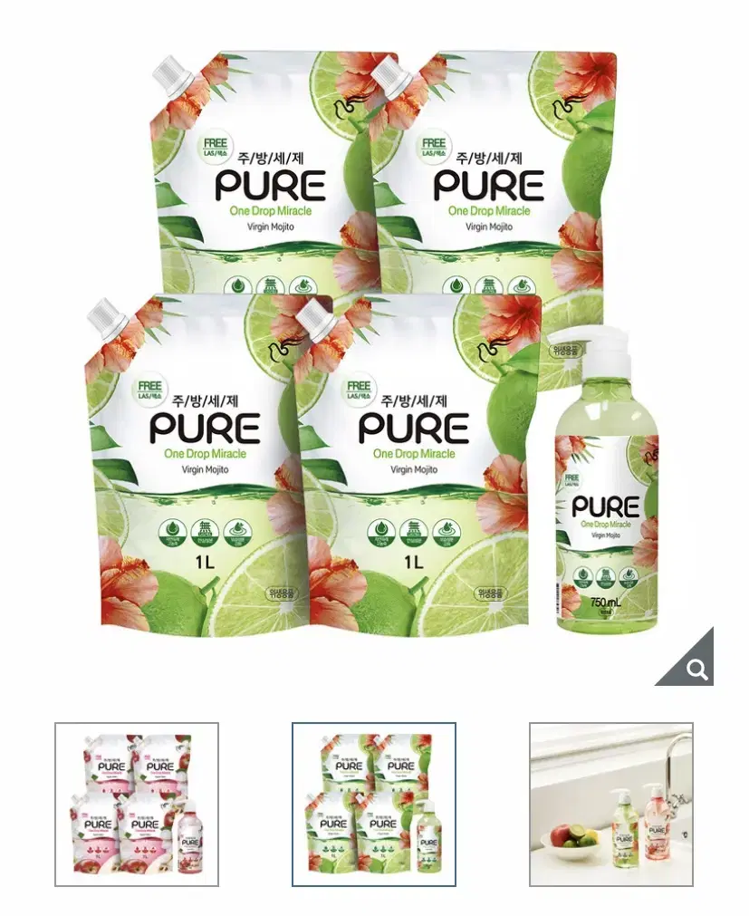 피죤 퓨어 주방세제 750ml + 1000ml x 4pk