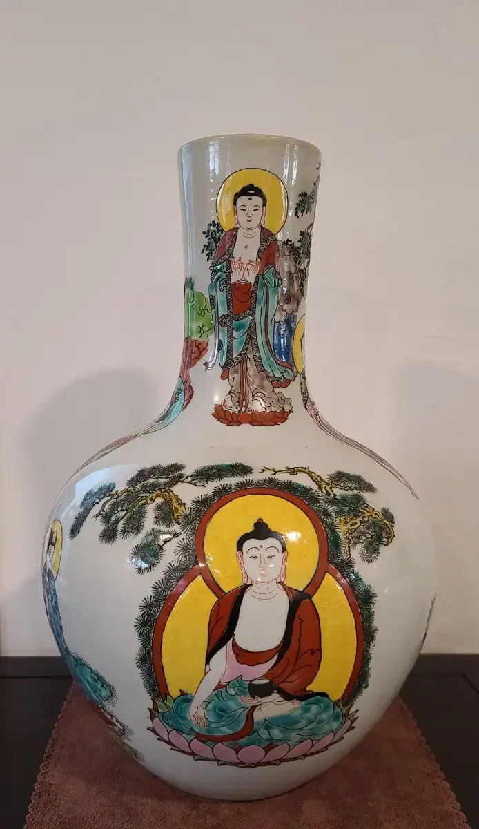 Qing Dynasty Bunqi enamel portrait door celadon vase! 42cm ! Buddha!