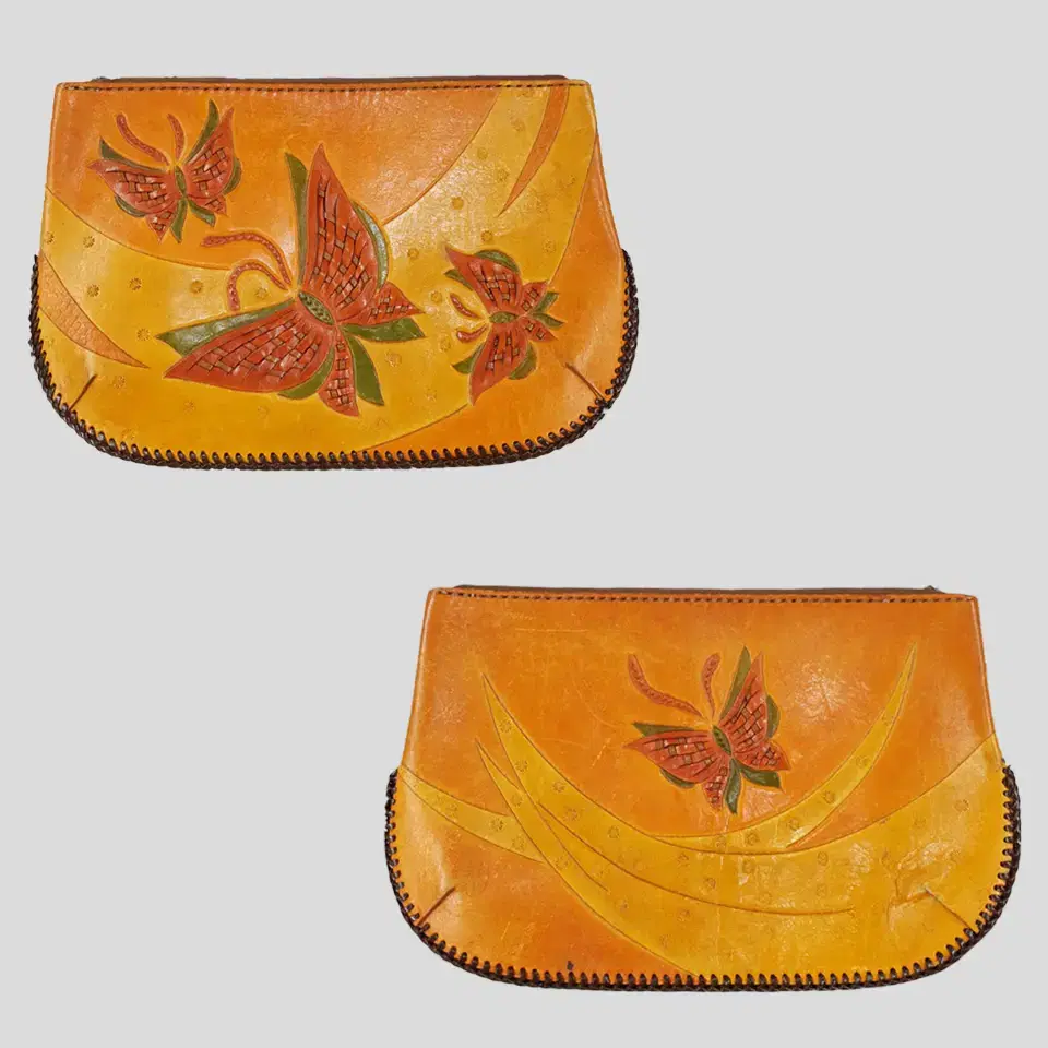 Vintage Full Grain Leather and Leather-Woven Butterfly Boho Indian Clutch