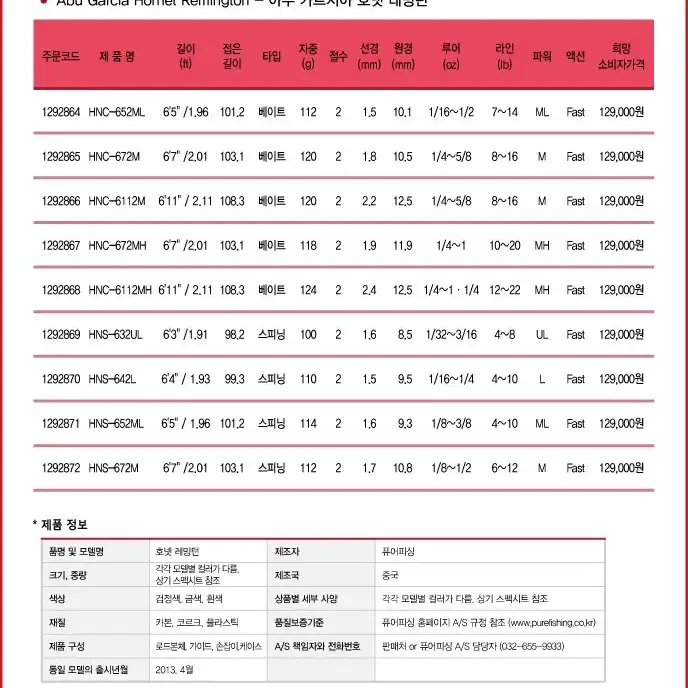 낚시대(아부가르시아 호넷레밍턴)  민물낚시대 민물낚시 민물루어낚시