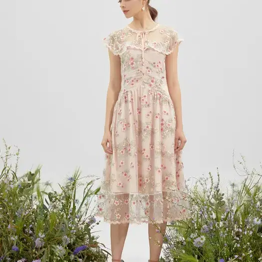 FORS / Ruffle Flower Lace Dress (pink)