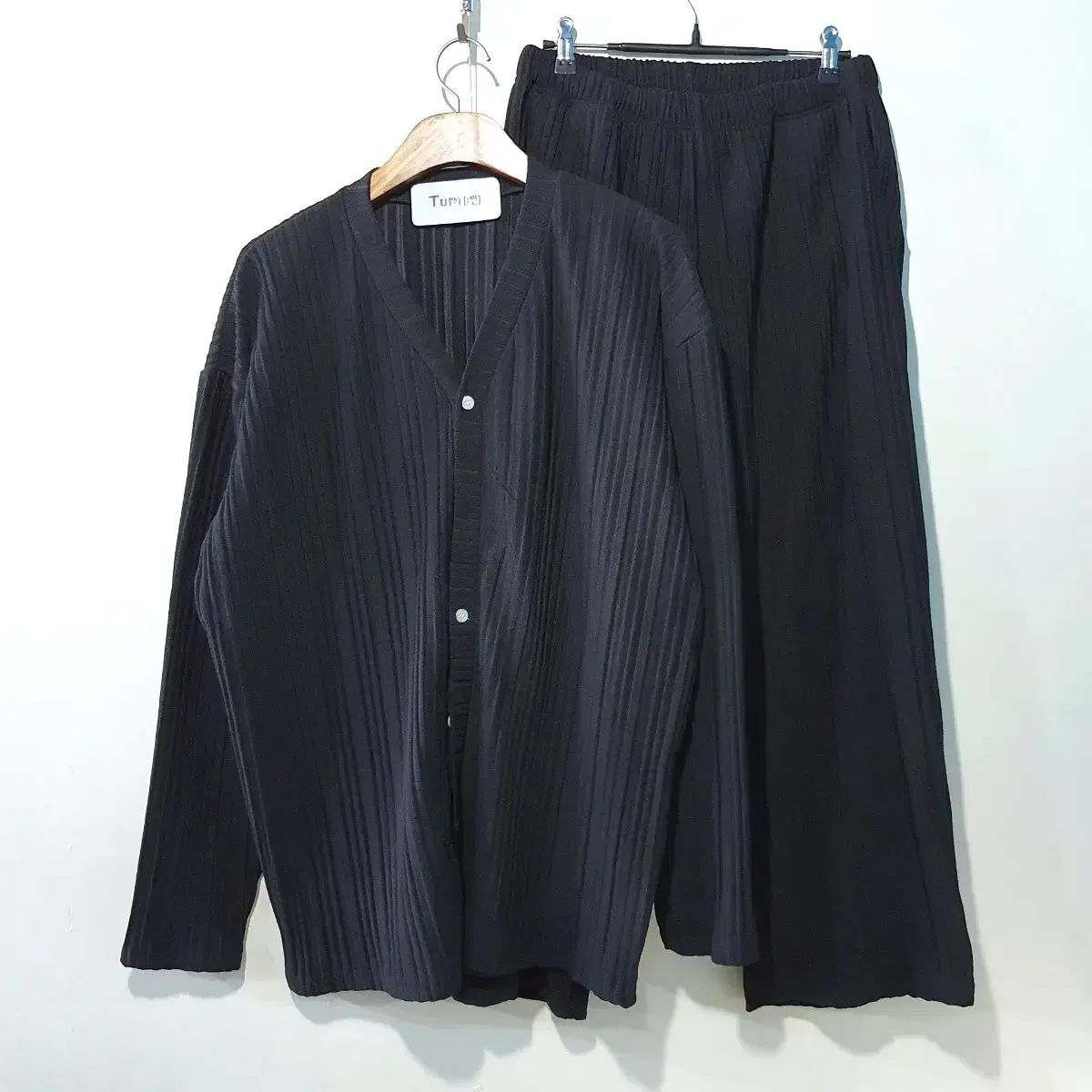 SS신상) Pleated long sleeve cardigan, wide pants set 2color