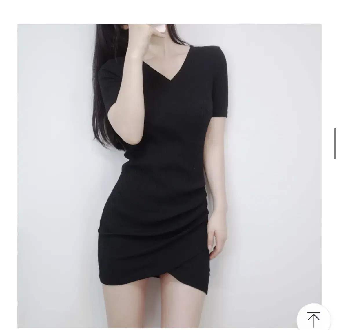 V-neck ribbed unbuttoned short-sleeved wrap shirring tight ONEPIECE, black