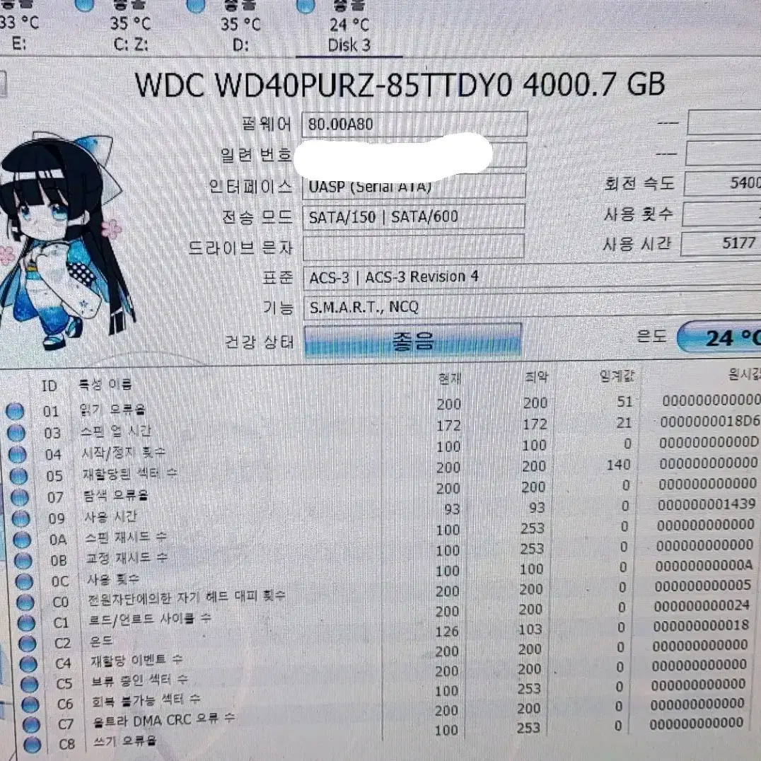 HDD 웨스턴 디지털 4T 퍼플