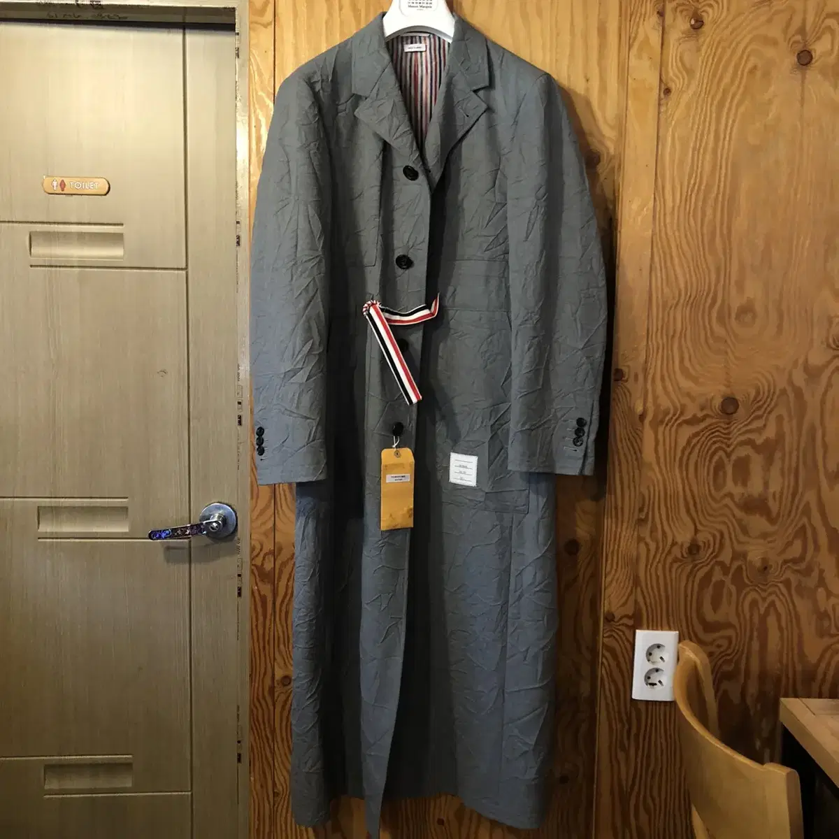 Genuine) Thom Browne synthetic blend gray long coat for sale.