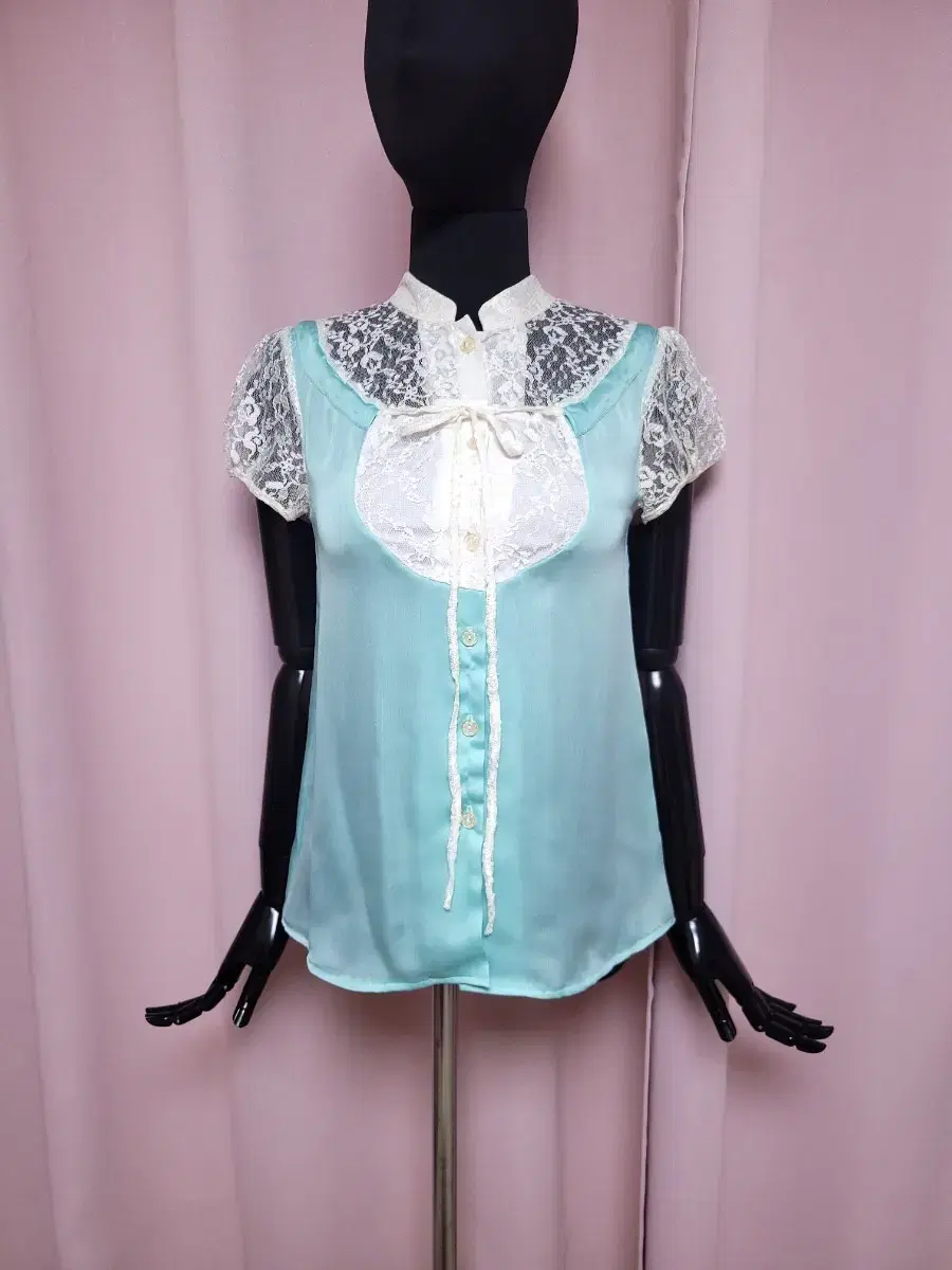 *FREE SHIPPING* Women's Mint Lace Ribbon Short Sleeve Blouse