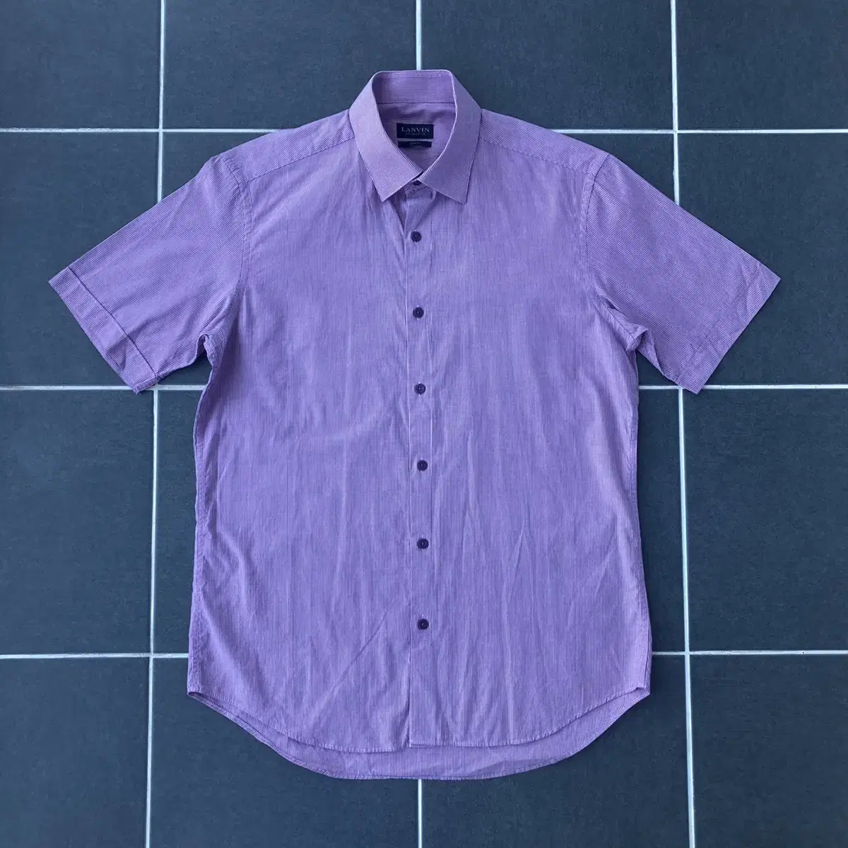 (100)Lanvin Collection Violet Stripe Short Sleeve Shirt 