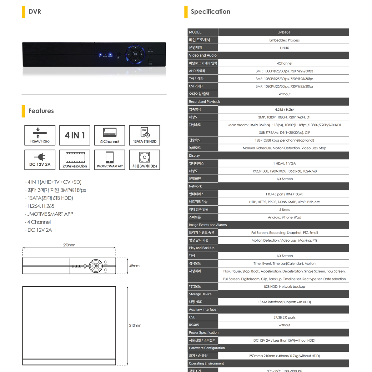 새상품 제이모티브(JMOTIVE) DVR 4채널 올인원 CCTV 녹화기