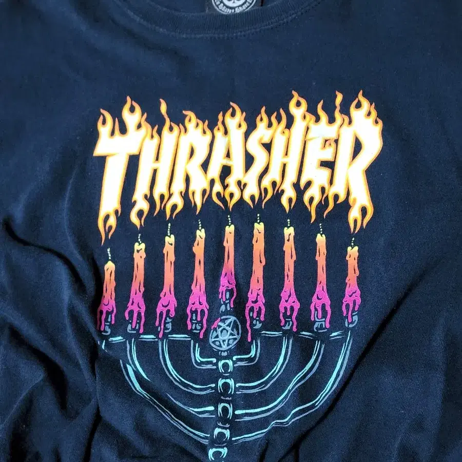 THRASHER 트레셔 크롭 밴딩 커스텀 반팔 불꽃 로고