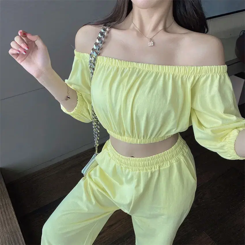 Off Shoulder Top + Long Banded Pants Two Piece sells (3 colors)(New) 