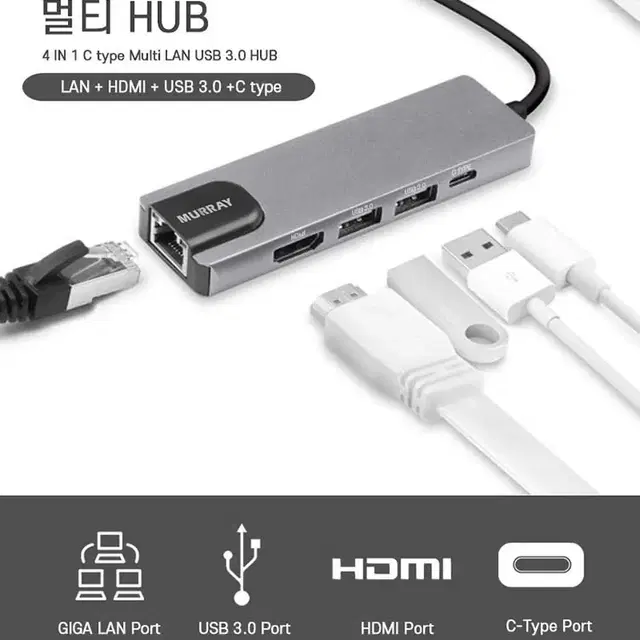 멀티 허브  4 in 1 C 타입 LAN USB 3.0 HUB HDMI