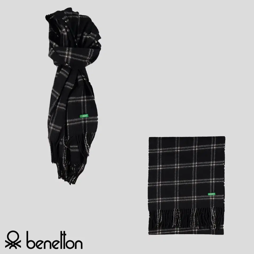 Benetton Black White Check Tassel Muffler Shawl