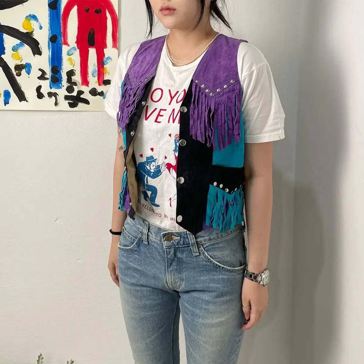 Vintage Coloration Leather Fringe Vest