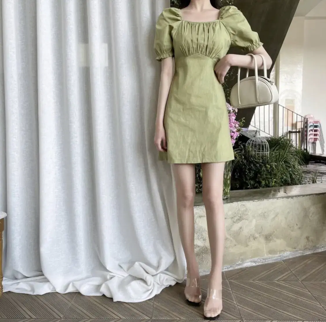 GREENERY ONEPIECE|LINEN|SQUARENECK|PUFF ONEPIECE|HOLIDAY LOOK