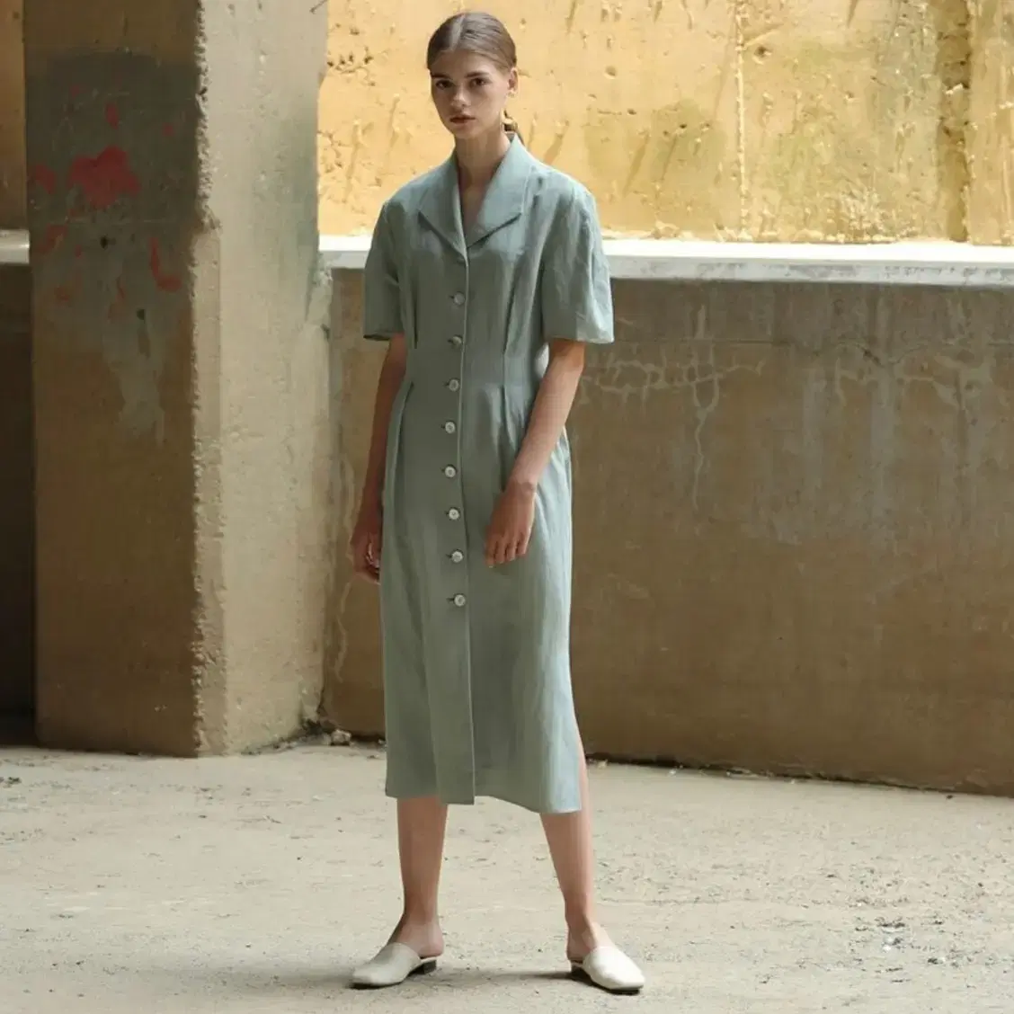 모한 원피스 LINEN SLANT COLLAR DRESS GREEN