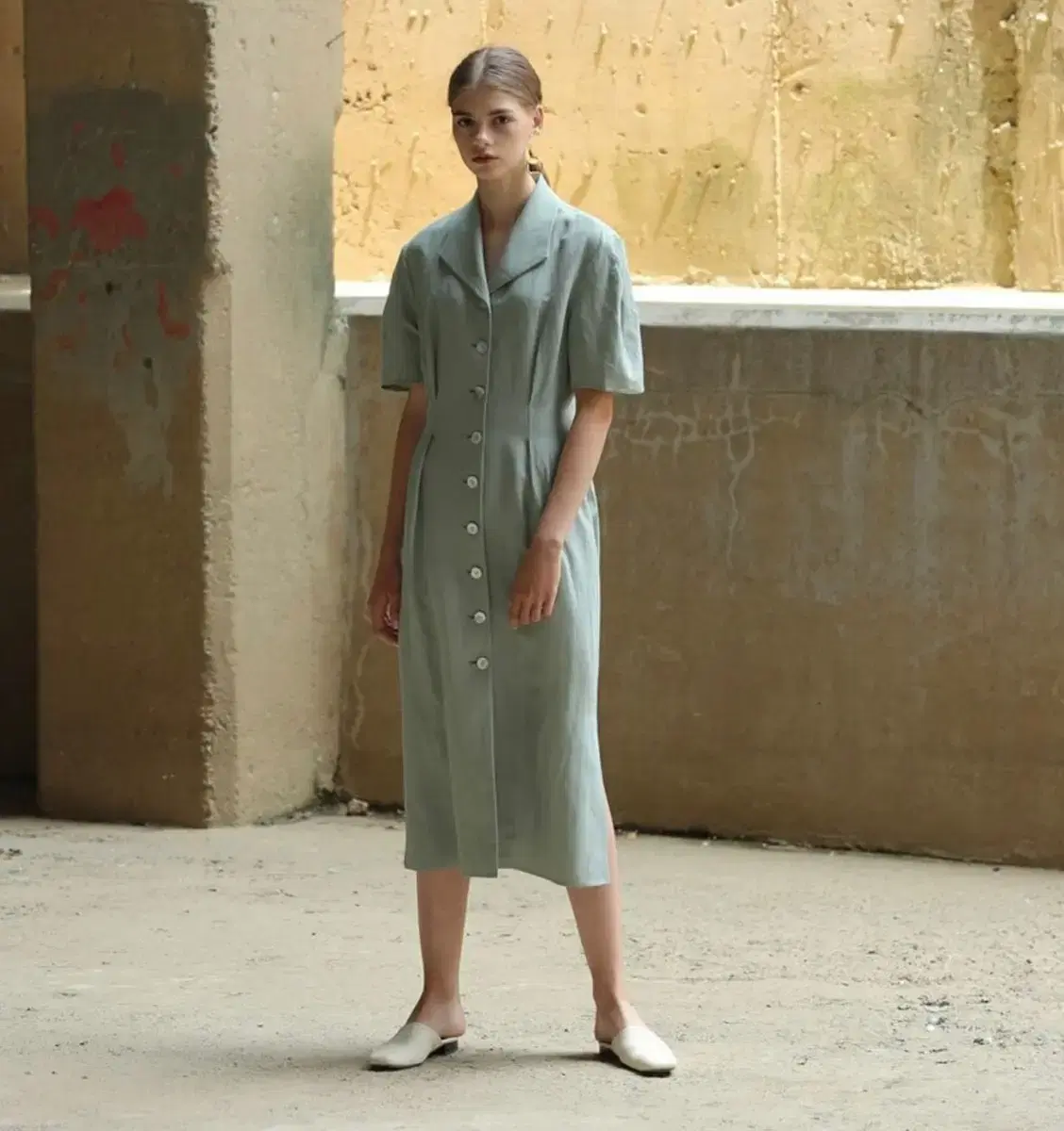 모한 원피스 LINEN SLANT COLLAR DRESS GREEN