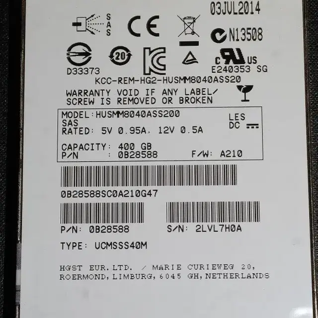 Dell/HP 서버용 SAS SSD HGST HUSMM8040ASS200